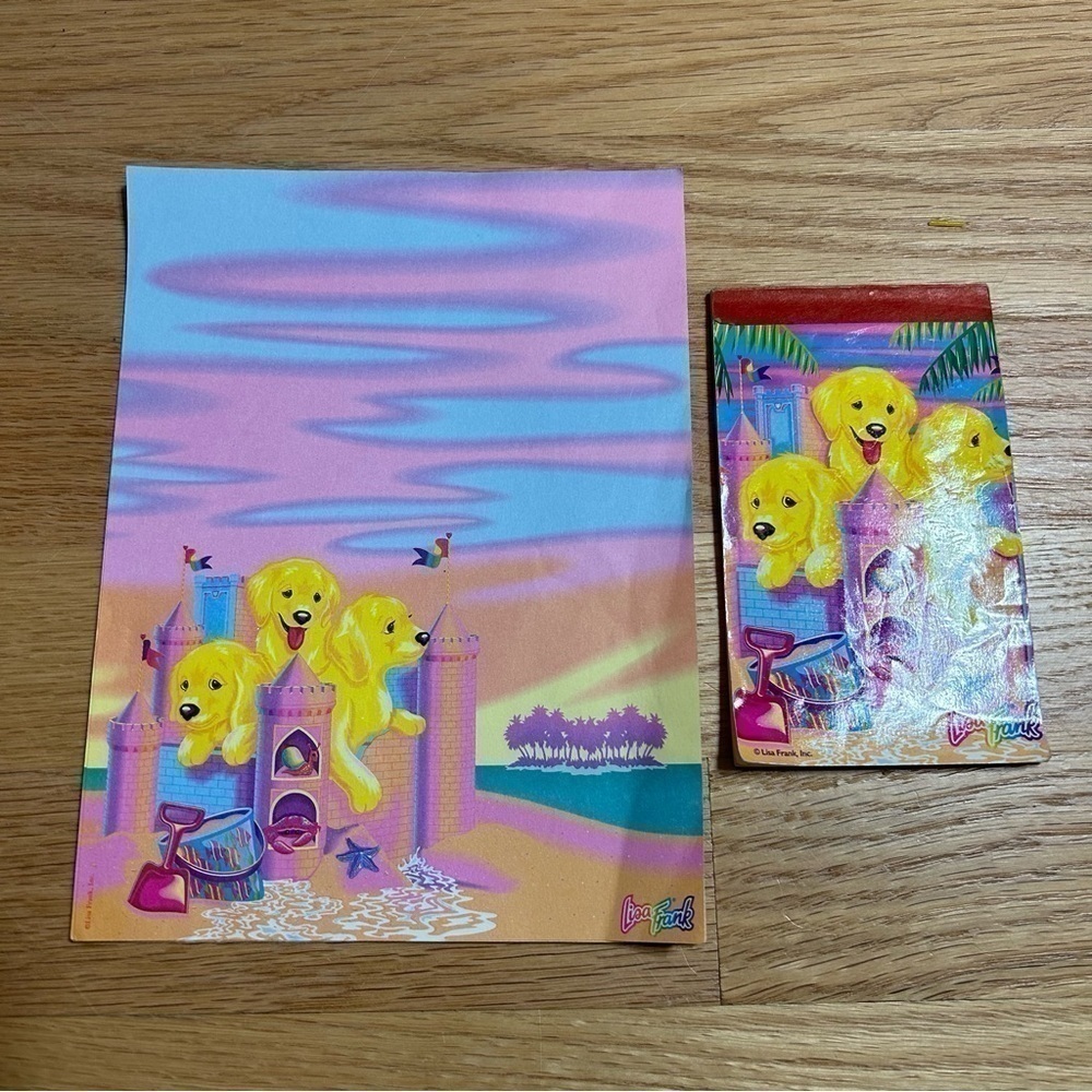 Vintage Lisa Frank Puppy Dog Sand Castle Beach Paper Notebook Pink Blue Yellow